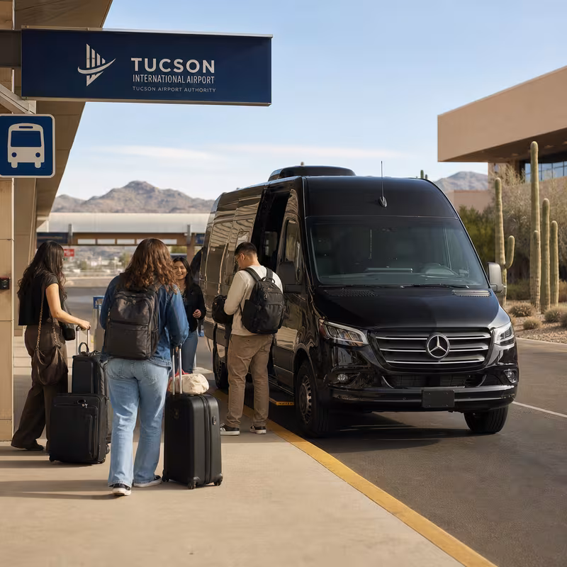 Group boarding a white charter bus for Airport Transportation transportation in Tucson