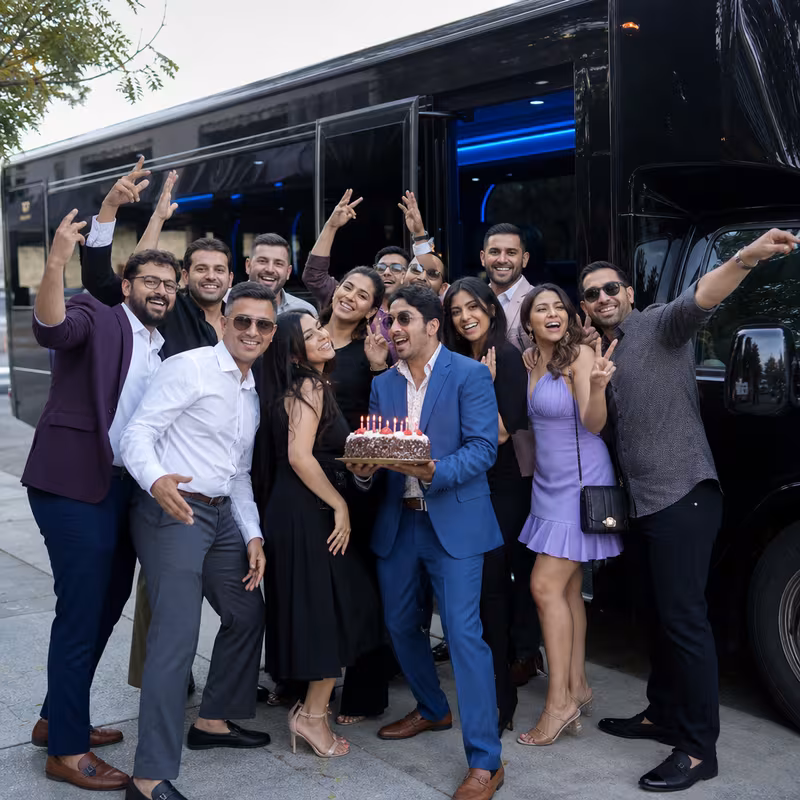 Party bus interior with wraparound leather seating and LED lighting in Tucson