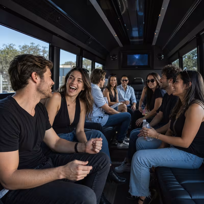 Group boarding a white charter bus for Concert Transportation transportation in Tucson
