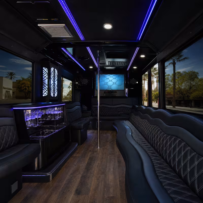 Party bus interior with wraparound leather seating and LED lighting in Tucson