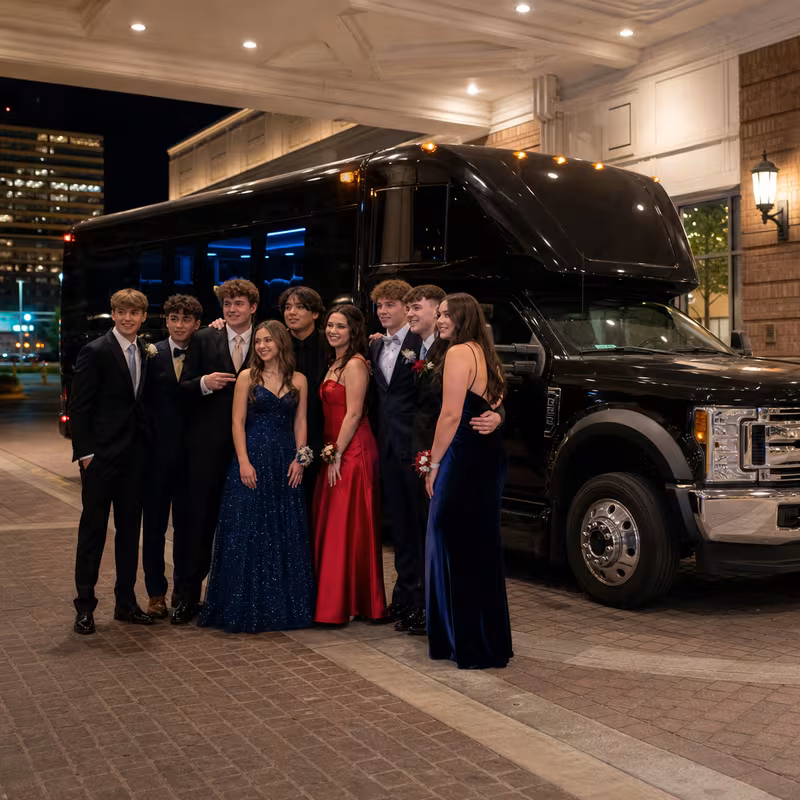 Party bus interior with wraparound leather seating and LED lighting in Tucson